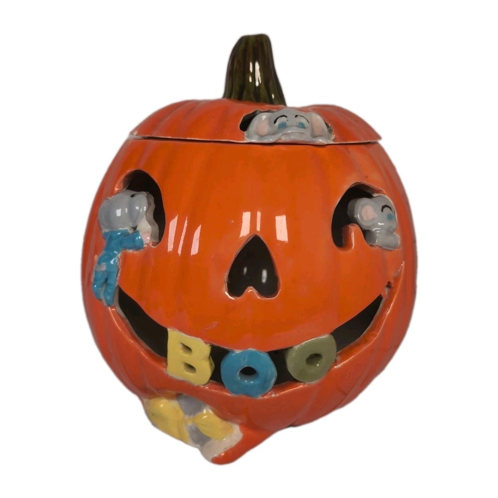Vintage 1998 Hand Painted Ceramic Halloween Lidded Jack-O-Lantern W/Mice 10"